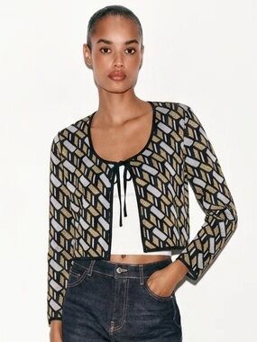 DEREK LAM metallic geometric print cropped cardigan